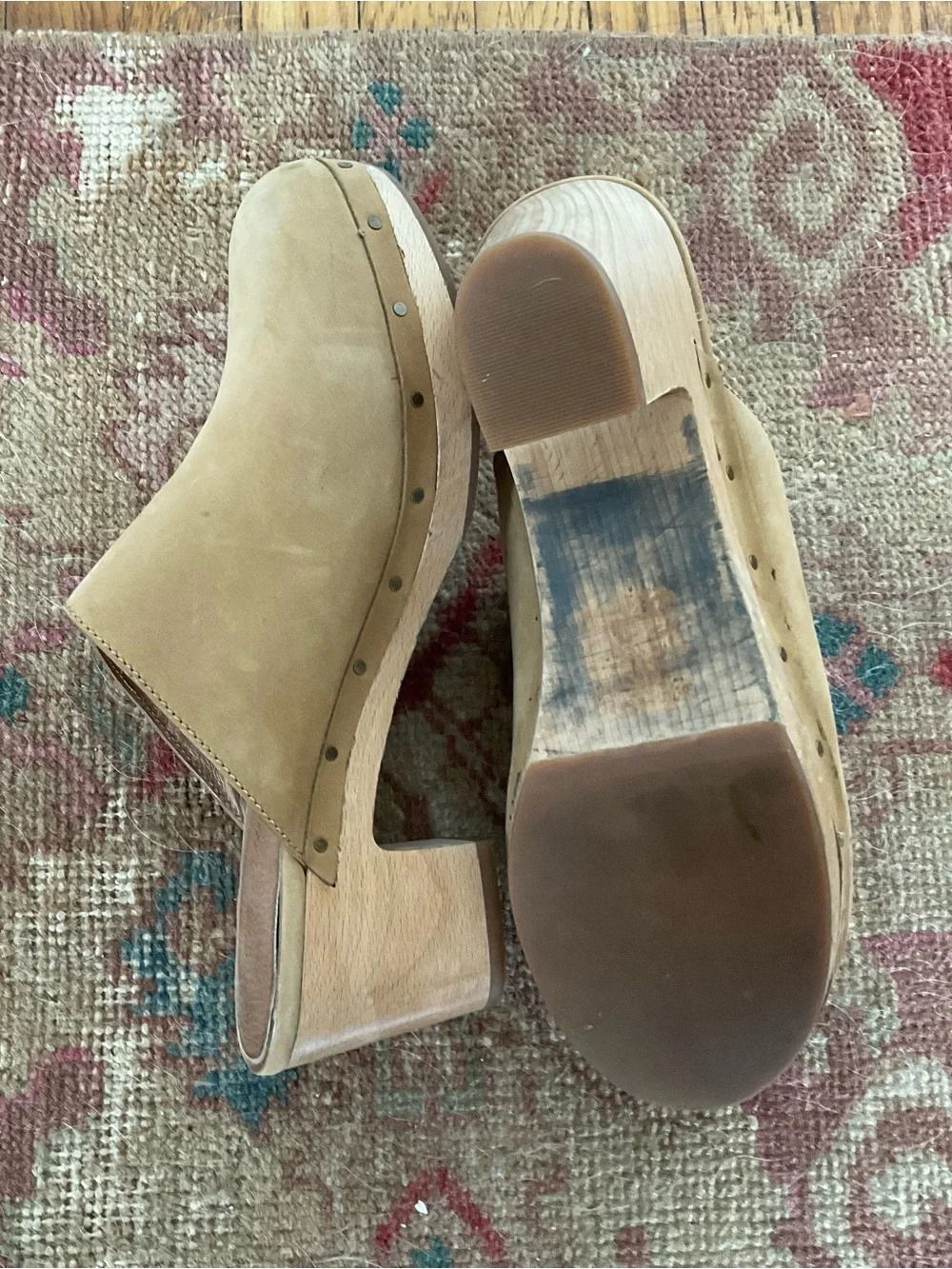 Madewell Tan Suede Clog Mules with Wood Block Heel - Picture 3 of 3